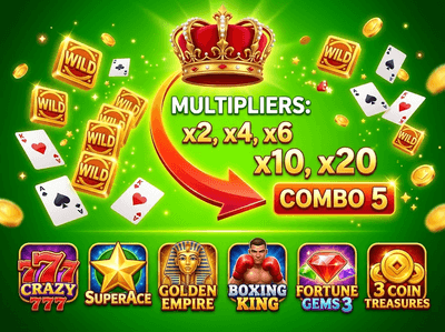 Luxury online casino interface with glowing gold coins and slot machines